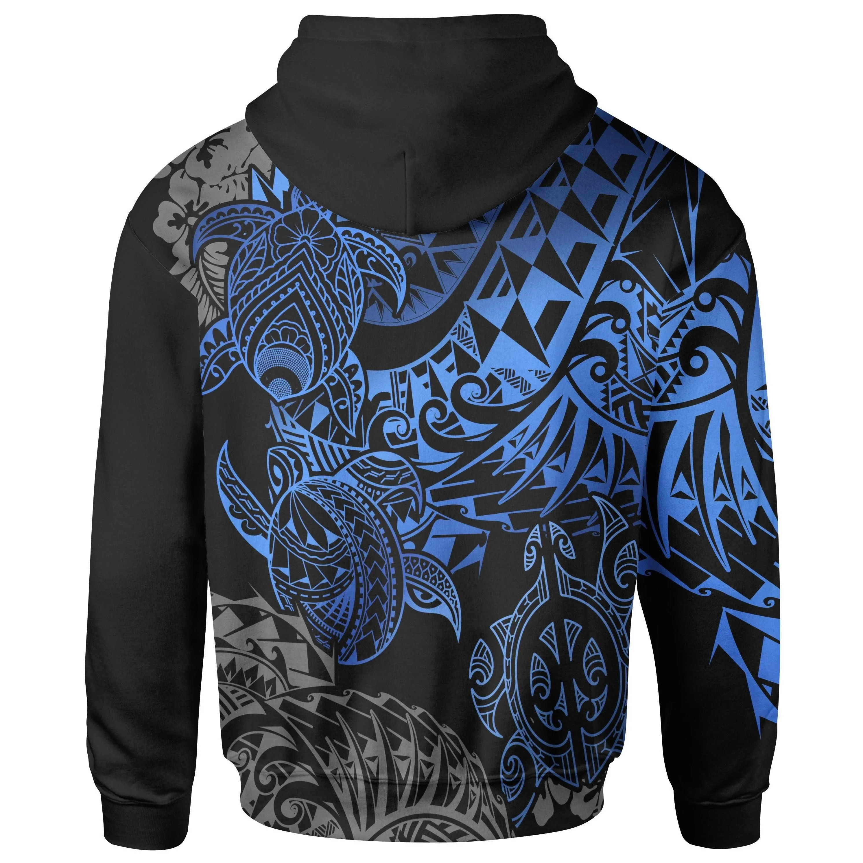 Tahiti Polynesian Hoodie - Blue Turtle Hibiscus Flowing