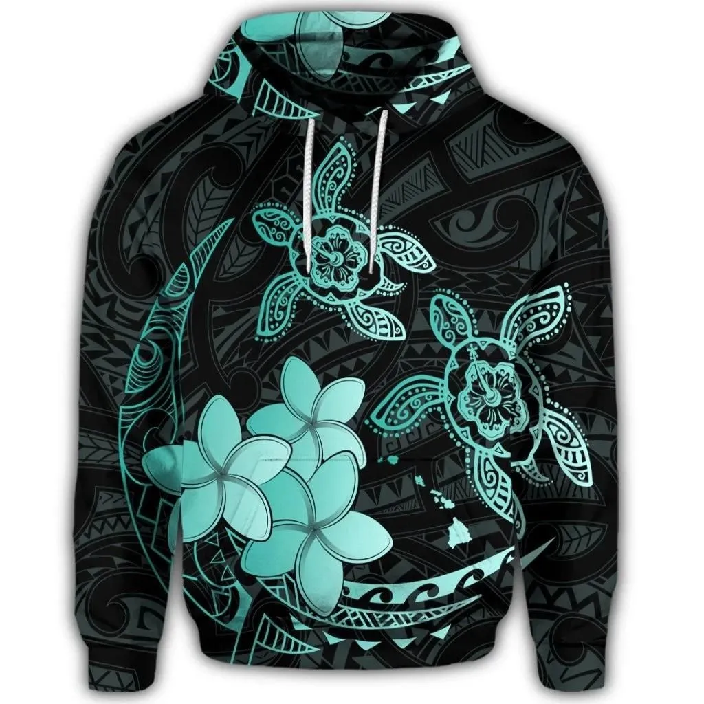 Alohawaii Hoodie - Hawaiian Polynesian Turtle Plumeria Hoodie - Pog Style Turquoise - AH - J4R