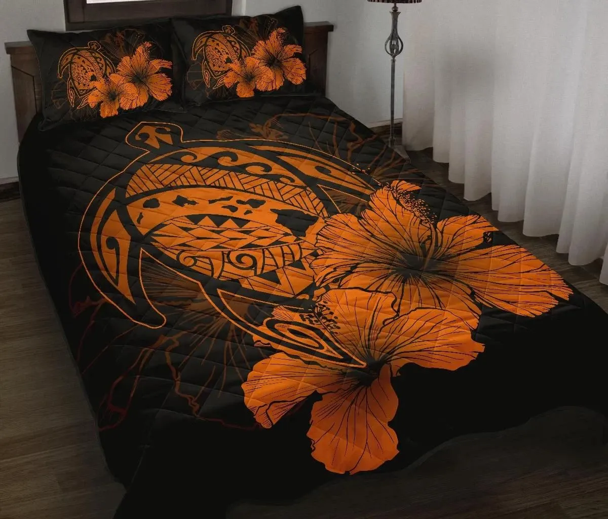 Alohawaii Home Set - Hawaiian Map Turtle Hibiscus Polynesian Quilt Bedding Set - Orange - AH J9