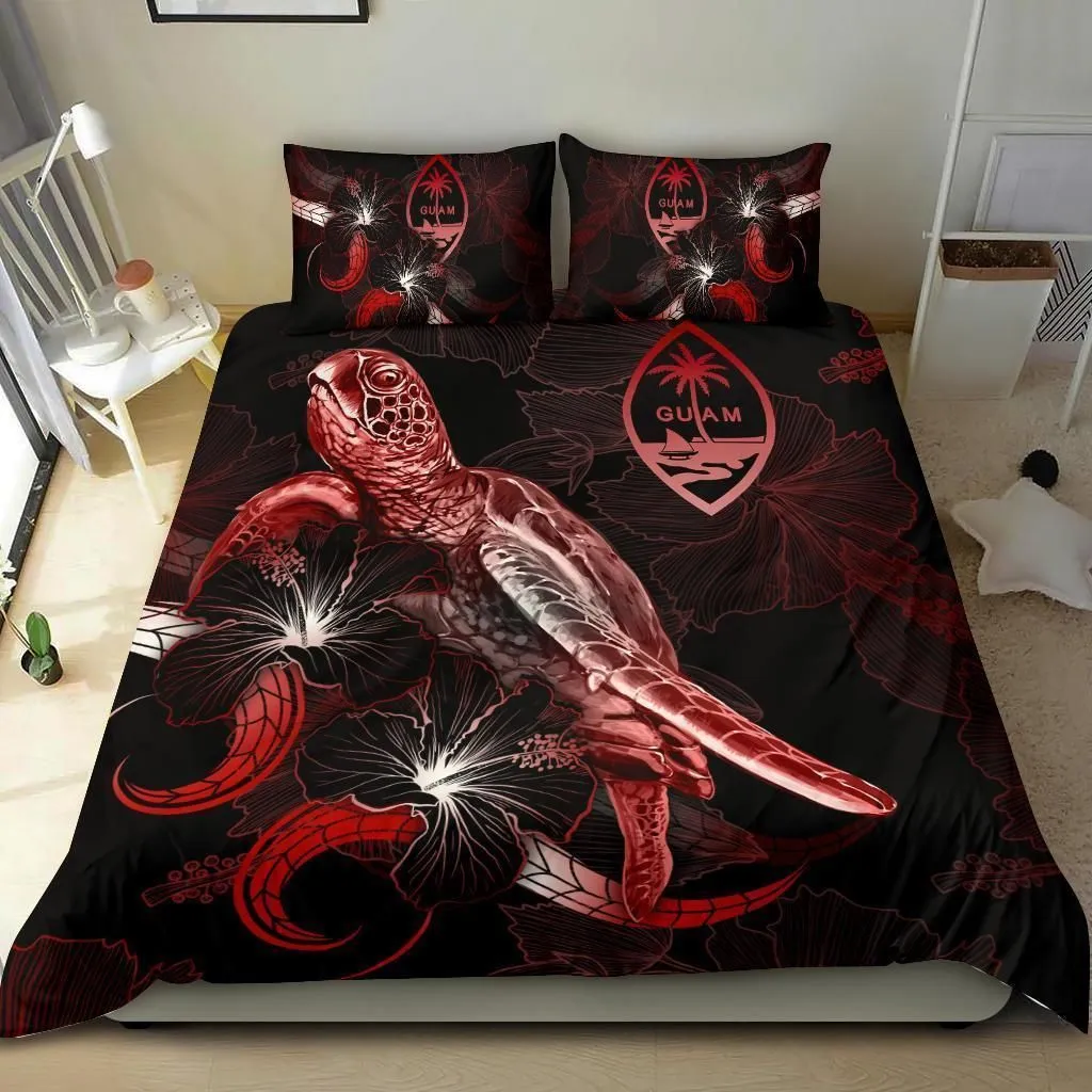 Guam Polynesian Bedding Set - Turtle With Blooming Hibiscus Red