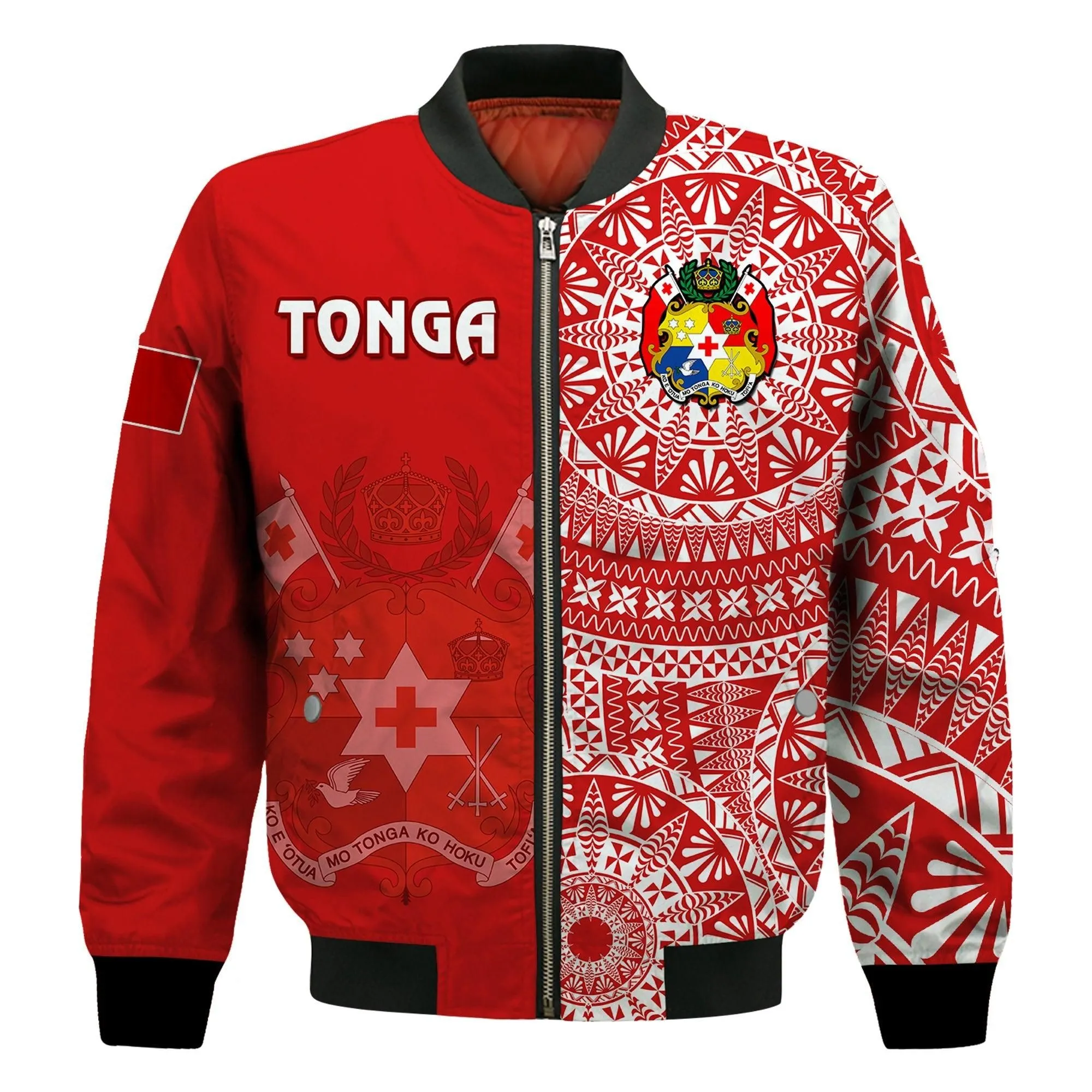 (Custom Text And Number) Tonga Bomber Jacket Tongan Coat Of Arms Ngatu Pattern LT14