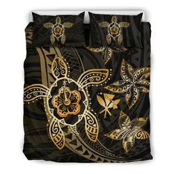 Hawaiian Map Art Turtle Kanaka Hibiscus Plumeria Gold Polynesian Bedding Set