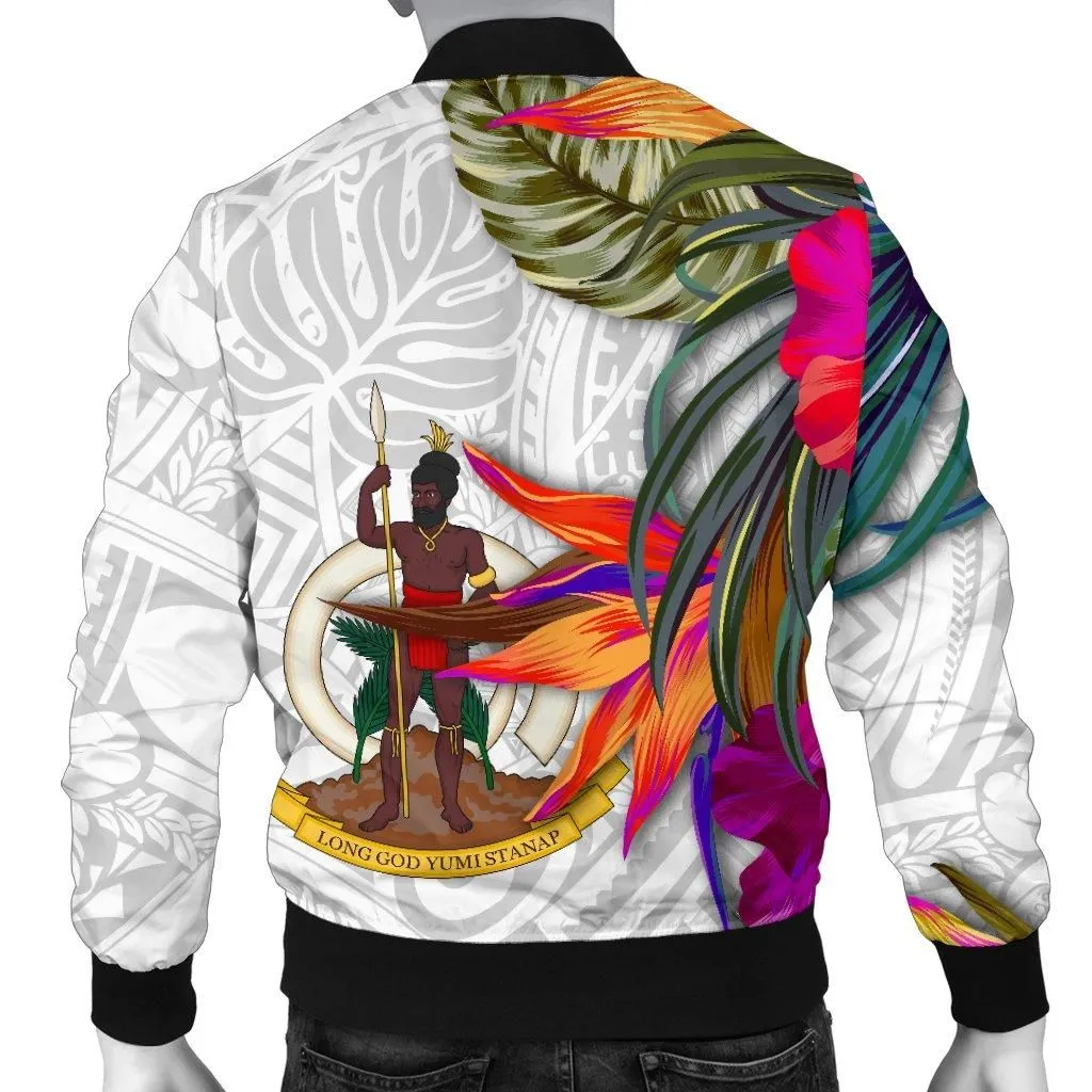 Vanuatu Mens Bomber Jacket Polynesian Hibiscus White Pattern