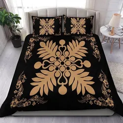 FamilyGater Home Set - Hawaiian Quilt Maui Plant And Hibiscus Pattern Bedding Set - Gold Black - AH J8