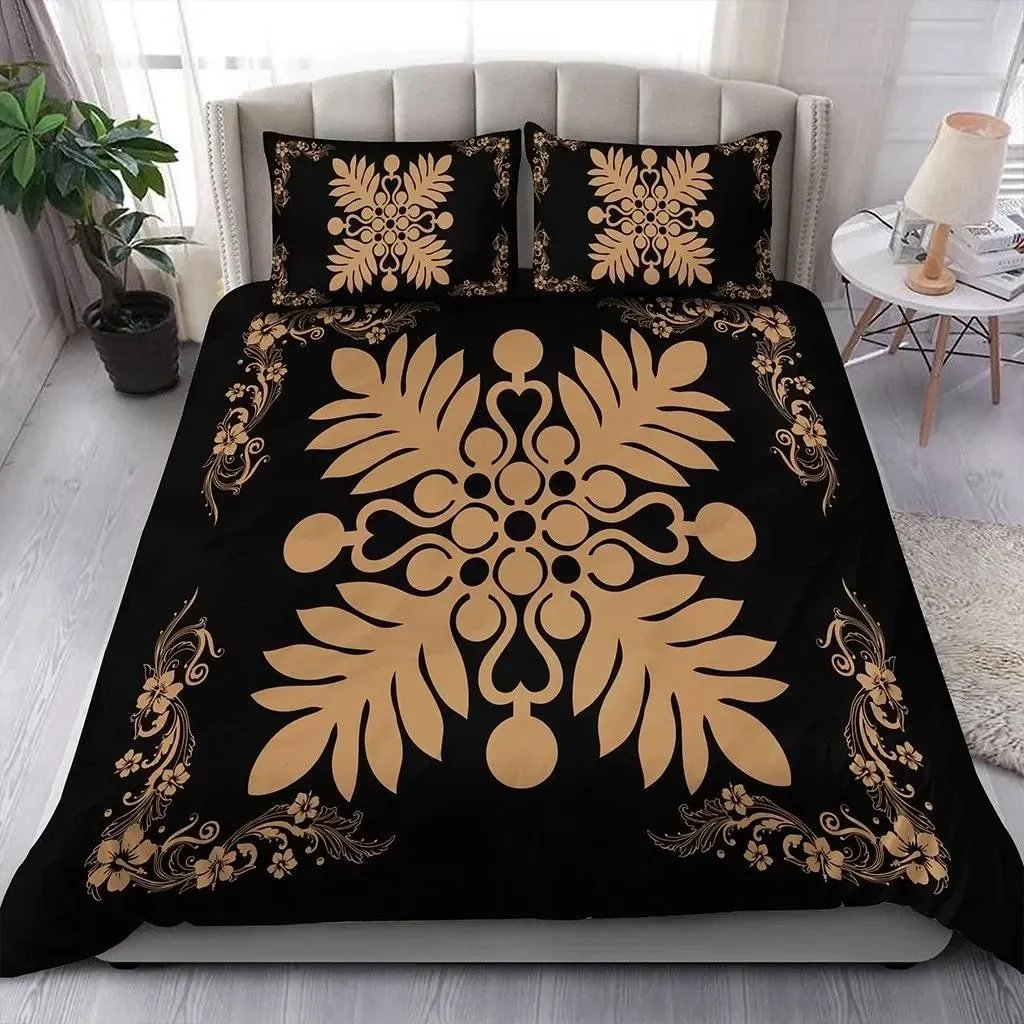 FamilyGater Home Set - Hawaiian Quilt Maui Plant And Hibiscus Pattern Bedding Set - Gold Black - AH J8