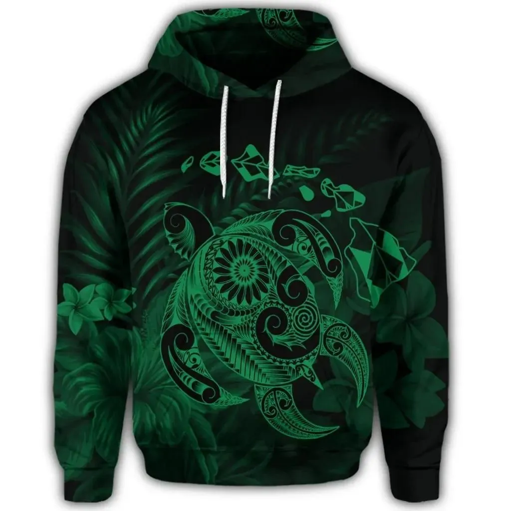 Alohawaii Hoodie - Hawaiian Map Turtle Tattoo Hibiscus Plumeria Polynesian Hoodie - Green - AH - J4R
