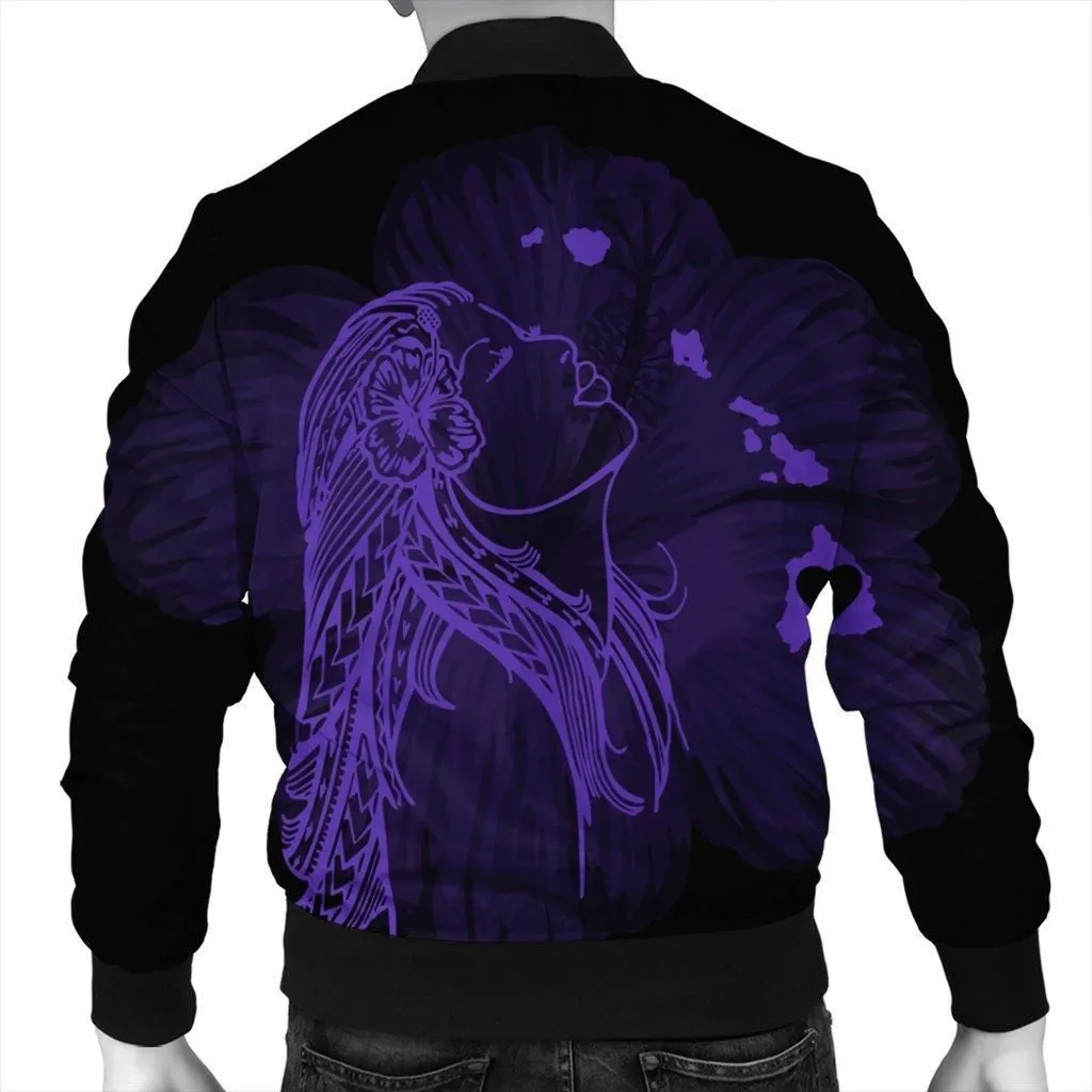 Hawaiian Map Heart Hula Girl Hibiscus Purple Polynesian Bomber Jacket
