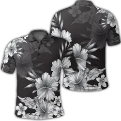 Hawaiian Hibiscus Black and White Polynesian Polo Shirt