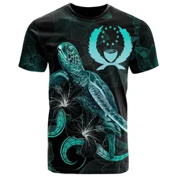 Pohnpei Polynesian T shirt - Turtle With Blooming Hibiscus Turquoise