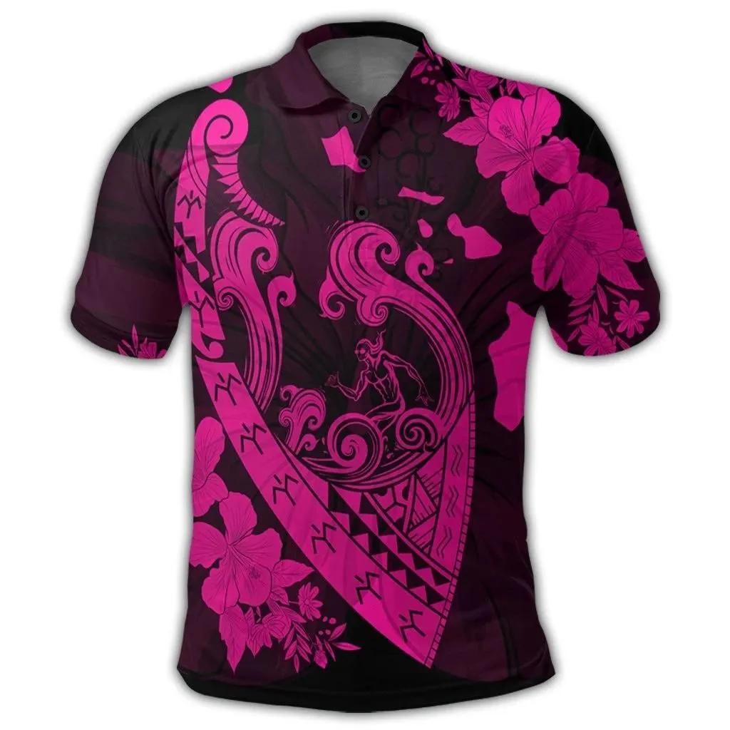 Alohawaii Shirt - Hawaiian Fish Hook Hibiscus Banzai Surfing Polynesian Polo Shirt Pink - AH - J5R