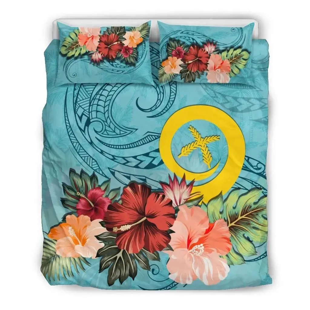 Vanuatu Bedding Set Hibiscus Polynesian Wave Duvet Cover Blue TH5
