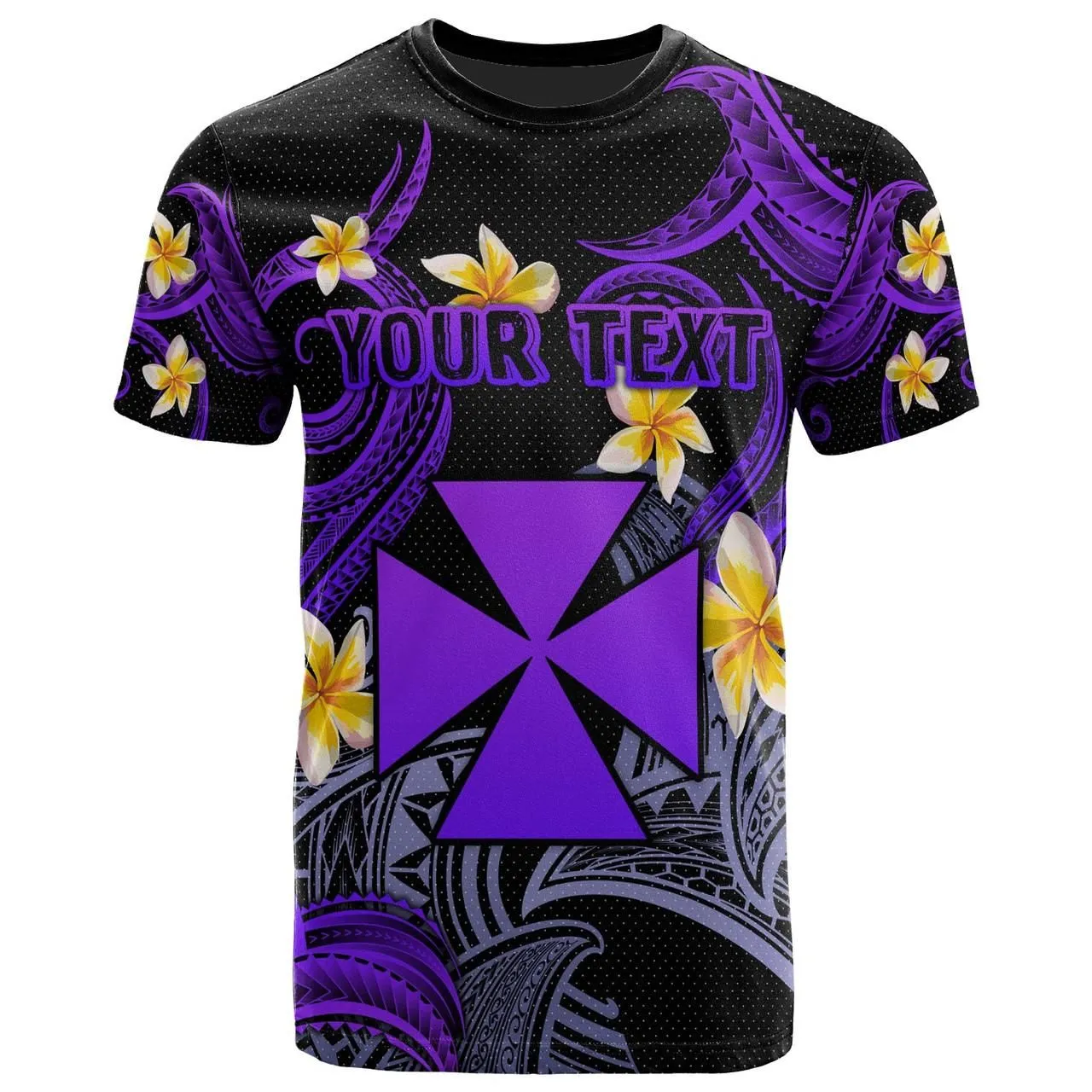 Wallis and Futuna T-shirt - Custom Personalised Polynesian Waves with Plumeria Flowers (Purple)