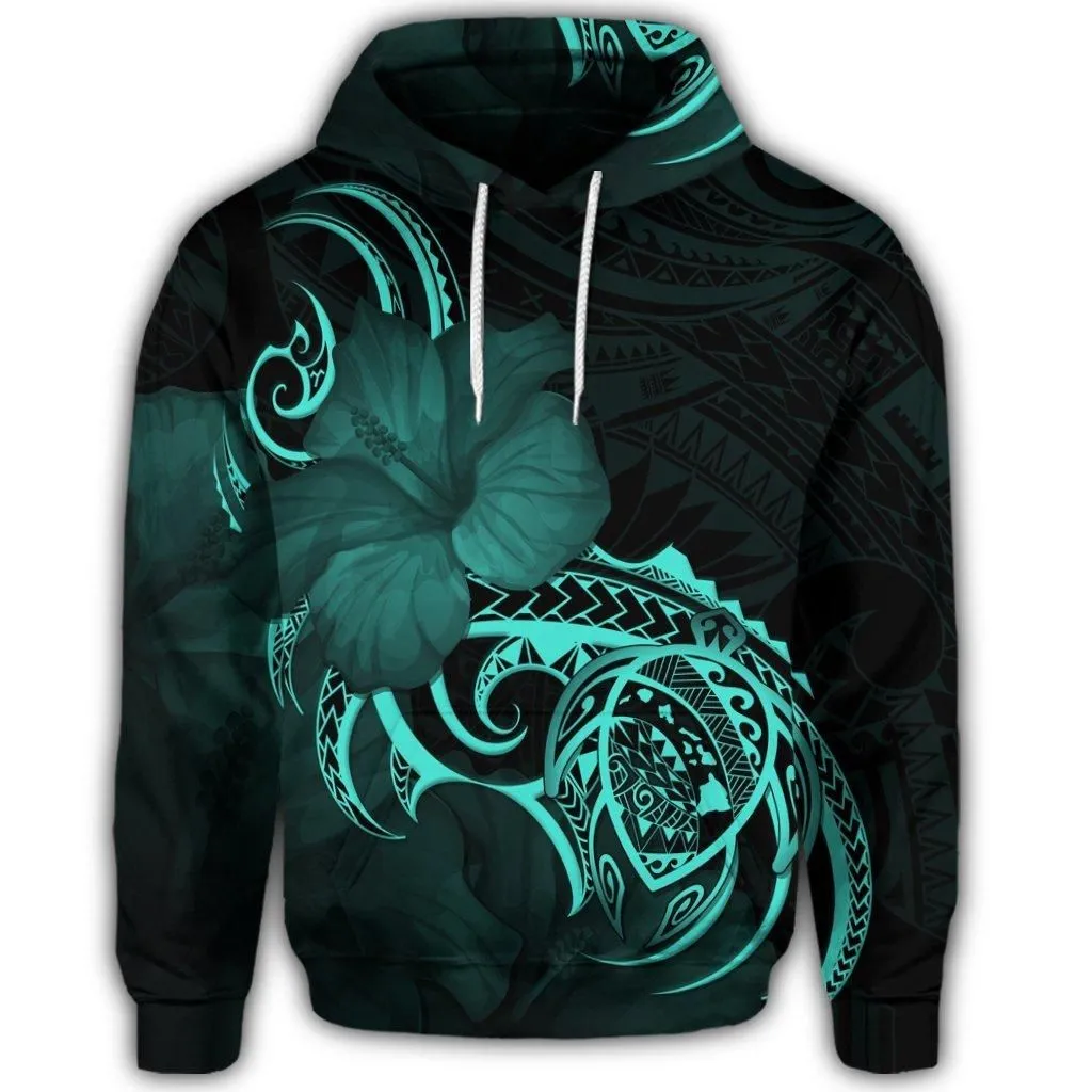 Hawaiian Map Turtle Hibiscus Divise Polynesian Hoodie Turquoise