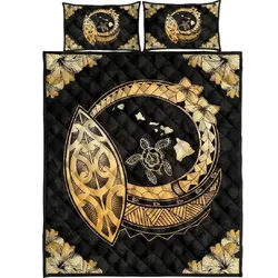 Alohawaii Home Set - Hawaiian Map Hibiscus Plumeria Polynesian Quilt Bedding Set Gold - AH - J7