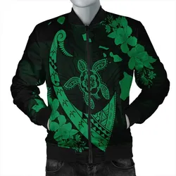 Hawaiian Map Hibiscus Turtle Fish Hook Polynesian Bomber Jacket Green