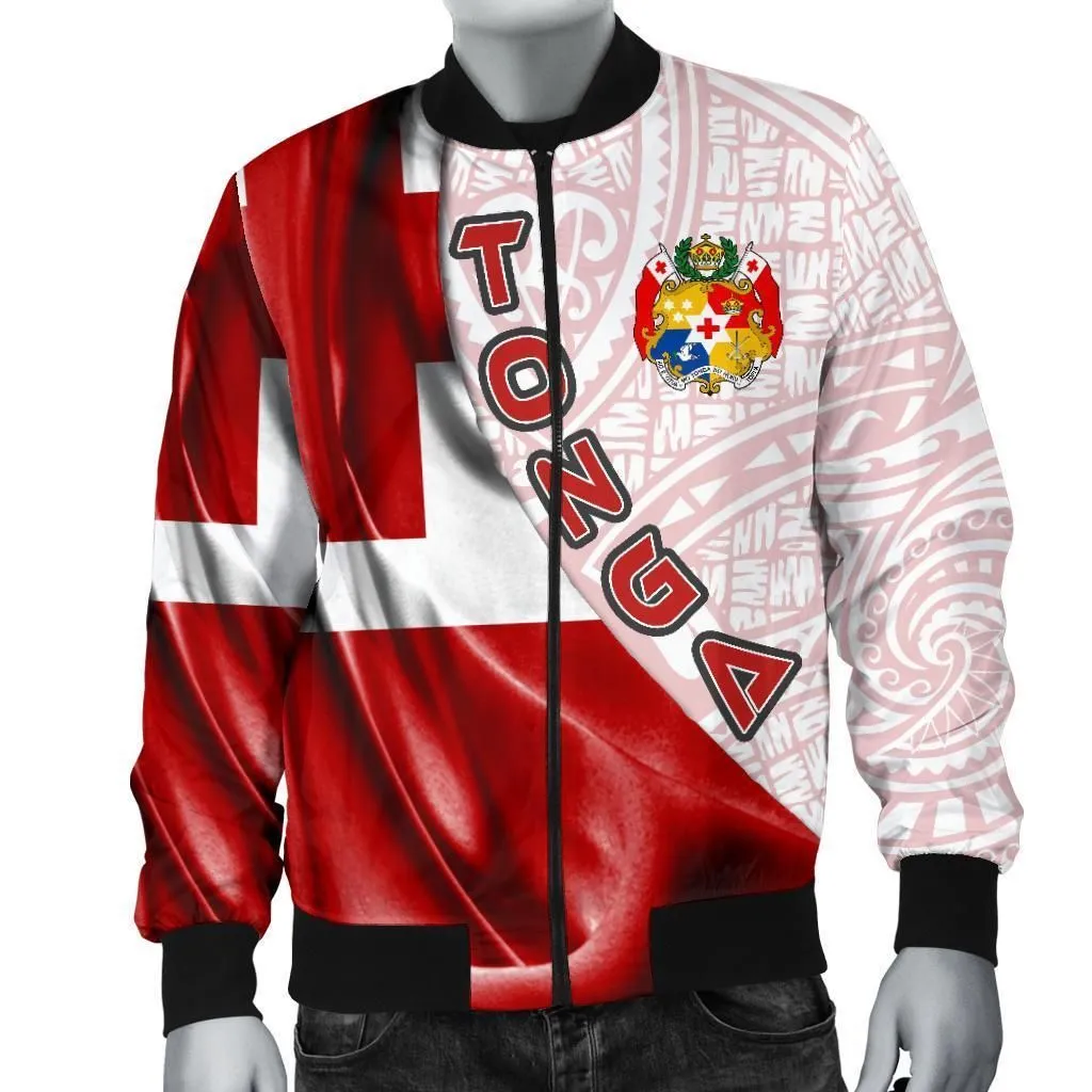 Tonga Polynesian Mens Bomber Jacket - Waving Silky Flag