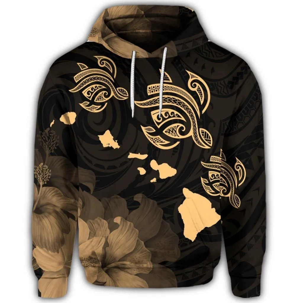 Hawaiian Turtle Hibiscus Map Polynesian Hoodie Gold