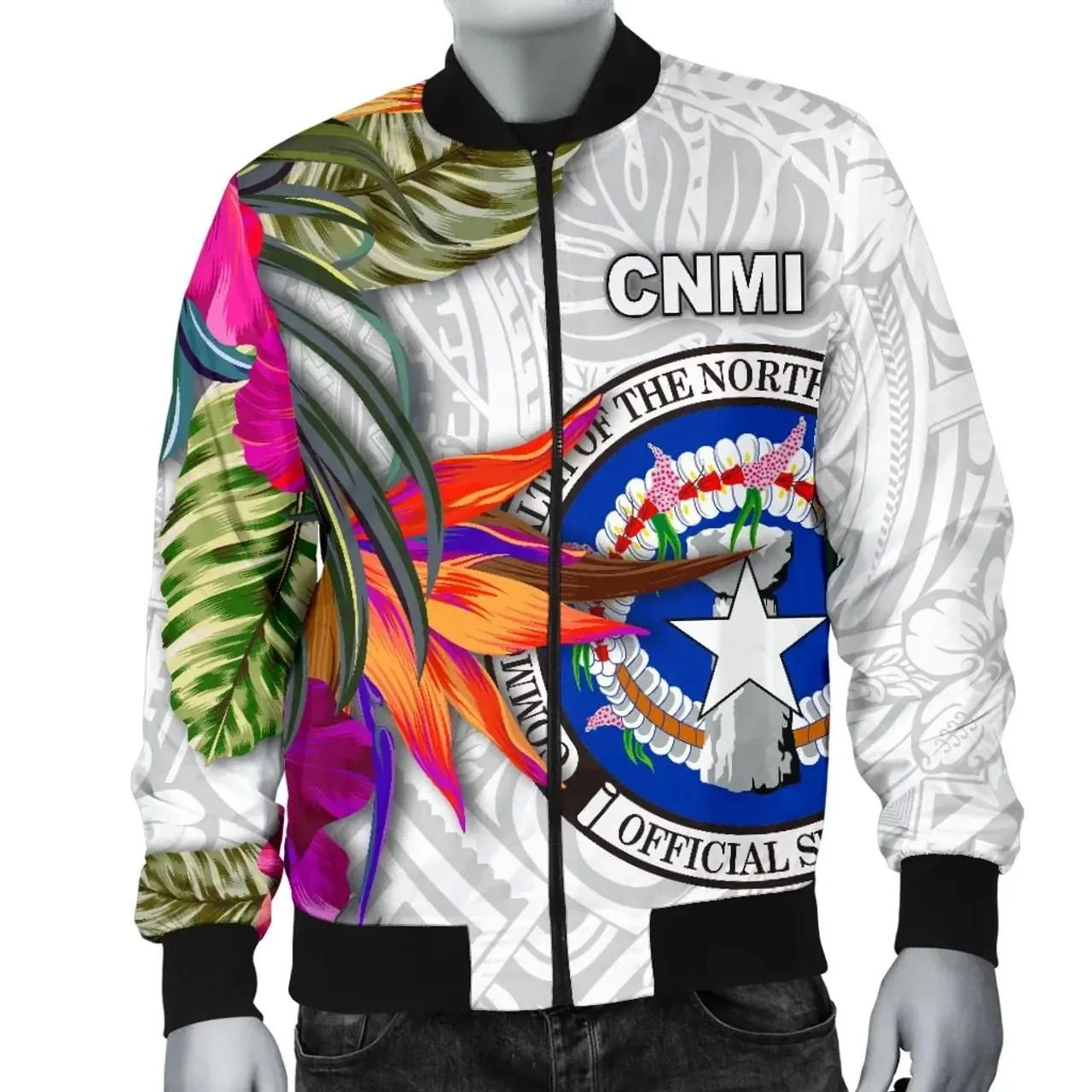 Northern Mariana Islands Bomber Jacket Polynesian Hibiscus White Pattern
