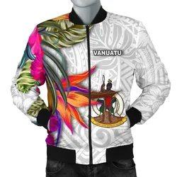 Vanuatu Mens Bomber Jacket Polynesian Hibiscus White Pattern