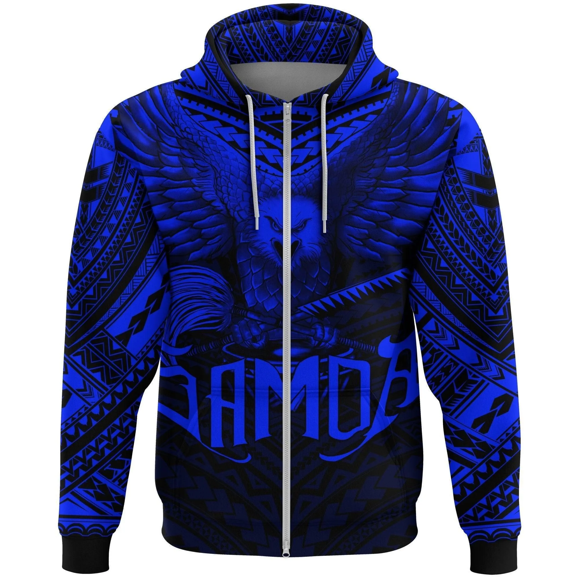 American Samoa Zip Hoodie Eagle Tattoo Style Blue