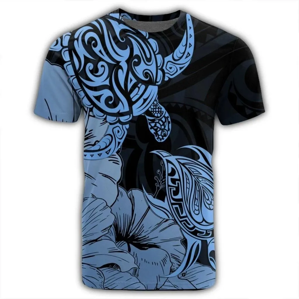 Alohawaii Tee - Hawaii Turtle T-Shirt Polynesian Hibiscus Art Blue - AH - JR