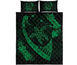 Alohawaii Home Set - Hawaiian Map Hibiscus Turtle Fish Hook Polynesian Quilt Bedding Set Green - AH - J5