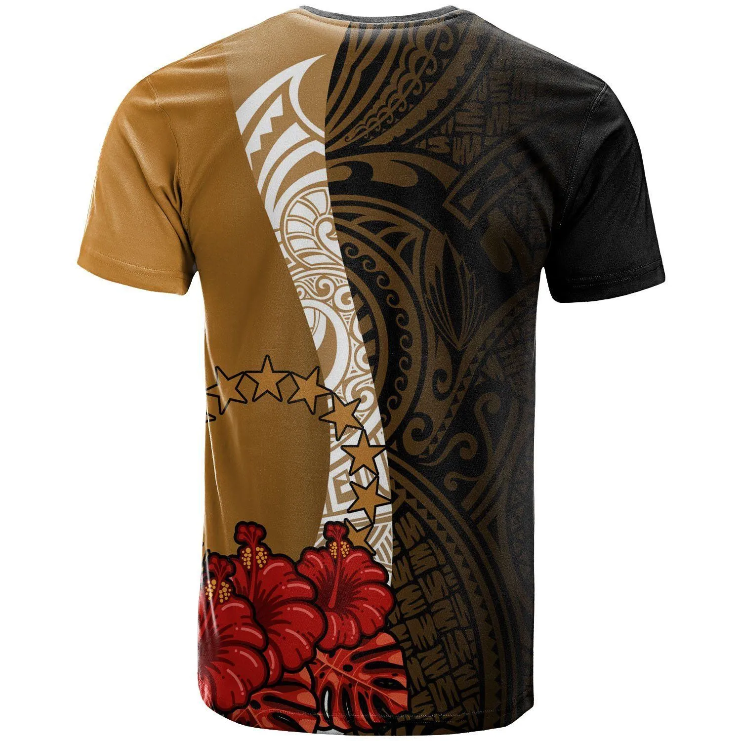Cook Islands Polynesian T-Shirt - Coat Of Arms With Hibiscus Gold - BN12