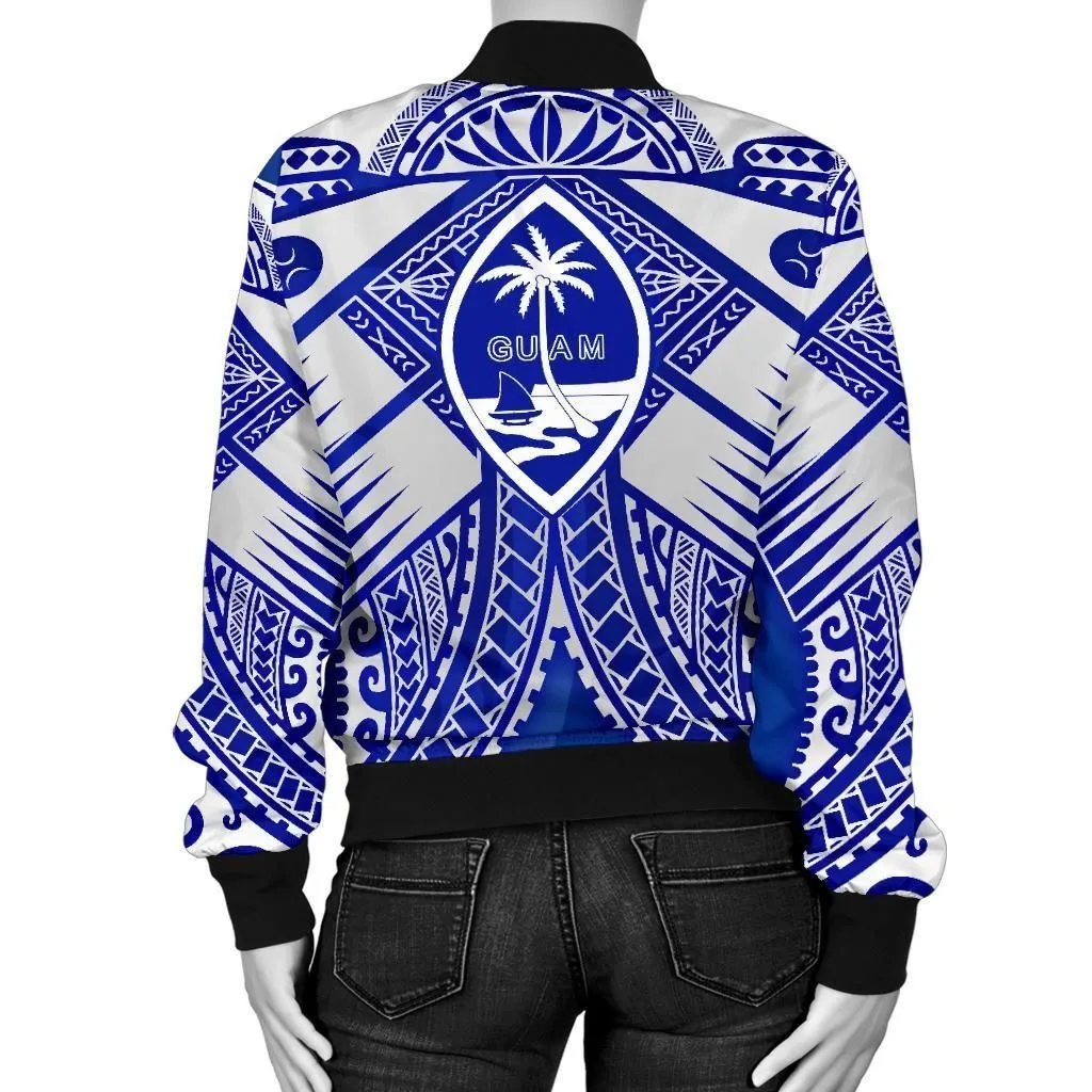 Guam Polynesian Women's Bomber Jacket  - Guam White Seal with Polynesian Tattoo Ver 02 - BN18