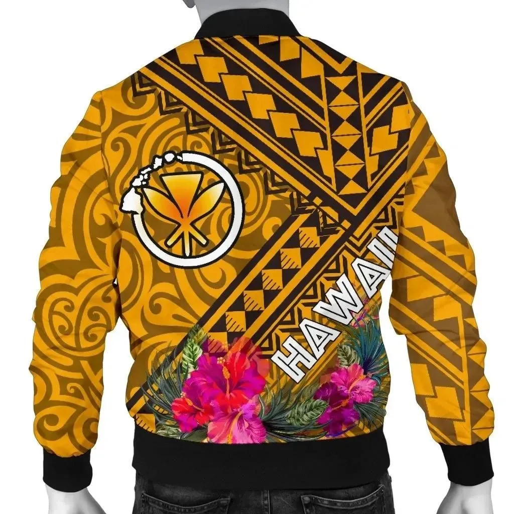 Alohawaii Jacket - Bomber Jacket Hawaii - Kanaka Maoli With Hibiscus On Polynesian Patterns (YELLOW) - BN25
