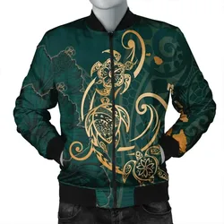 Alohawaii Jacket - Hawaii Triple Marble Turtle Polynesian Hibiscus Bomber Jacket - AH - Benjamin Style - Green - J5R