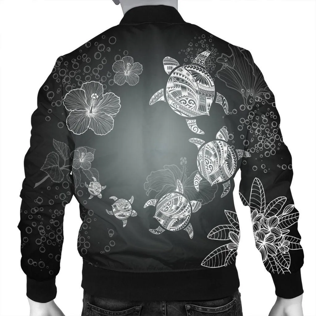 Hawaiian Plumeria Hibiscus Turtle Under Sea Polynesian Bomber Jacket White