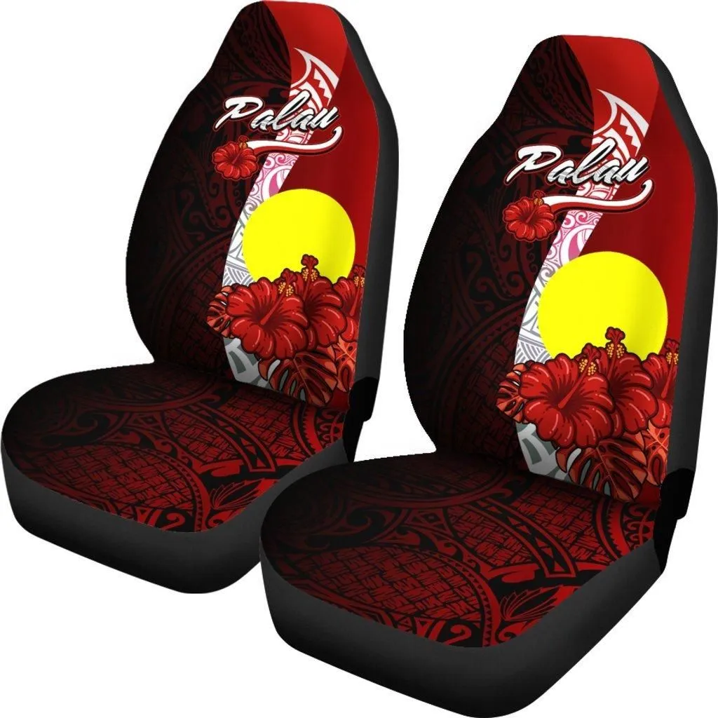 Palau Polynesian Car Seat Covers - Coat Of Arm With Hibiscus