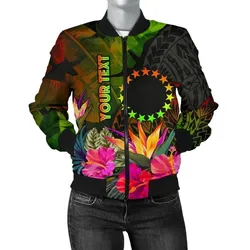 Cook Islands Polynesian Personalised Women's Bomber Jacket -  Hibiscus and Banana Leaves - BN15