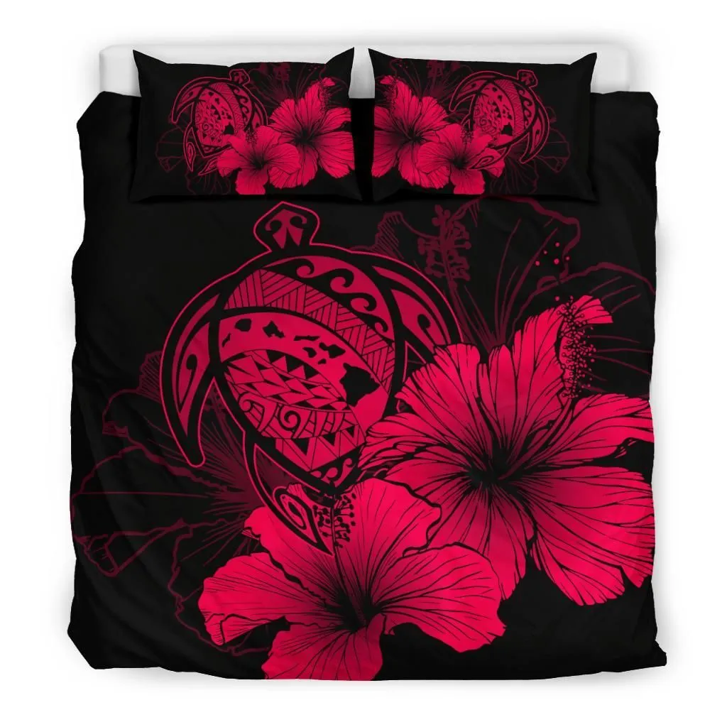 FamilyGater Bedding Set - Cover and Pillow Cases Hawaiian Map Hibiscus Turtle Polynesian - Calico Red - AH J9