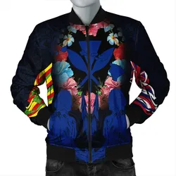 FamilyGater Jacket - Hawaii Map Kanaka Two Men Holding Flag Bomber Jacket Blue - AH - J5R
