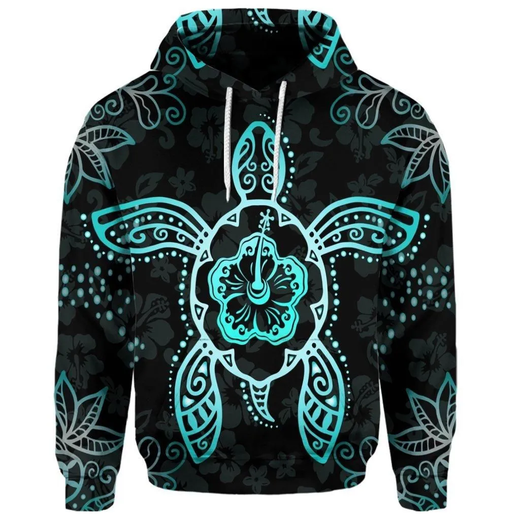 (Personalised) Hawaiian Turtle And Hibiscus Polynesian Hoodie Turquoise - AH