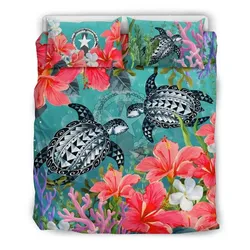 FamilyGater Bedding Set - Cover and Pillow Cases Northern Mariana Islands - Polynesian Turtle Hibiscus And Seaweed A24