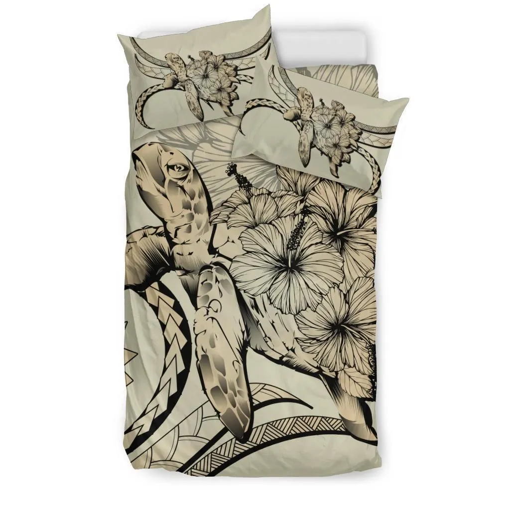 Hawaiian Bedding Set - Hawaii Turtle Hibiscus Polynesian Vintage Bedding Set - Beige