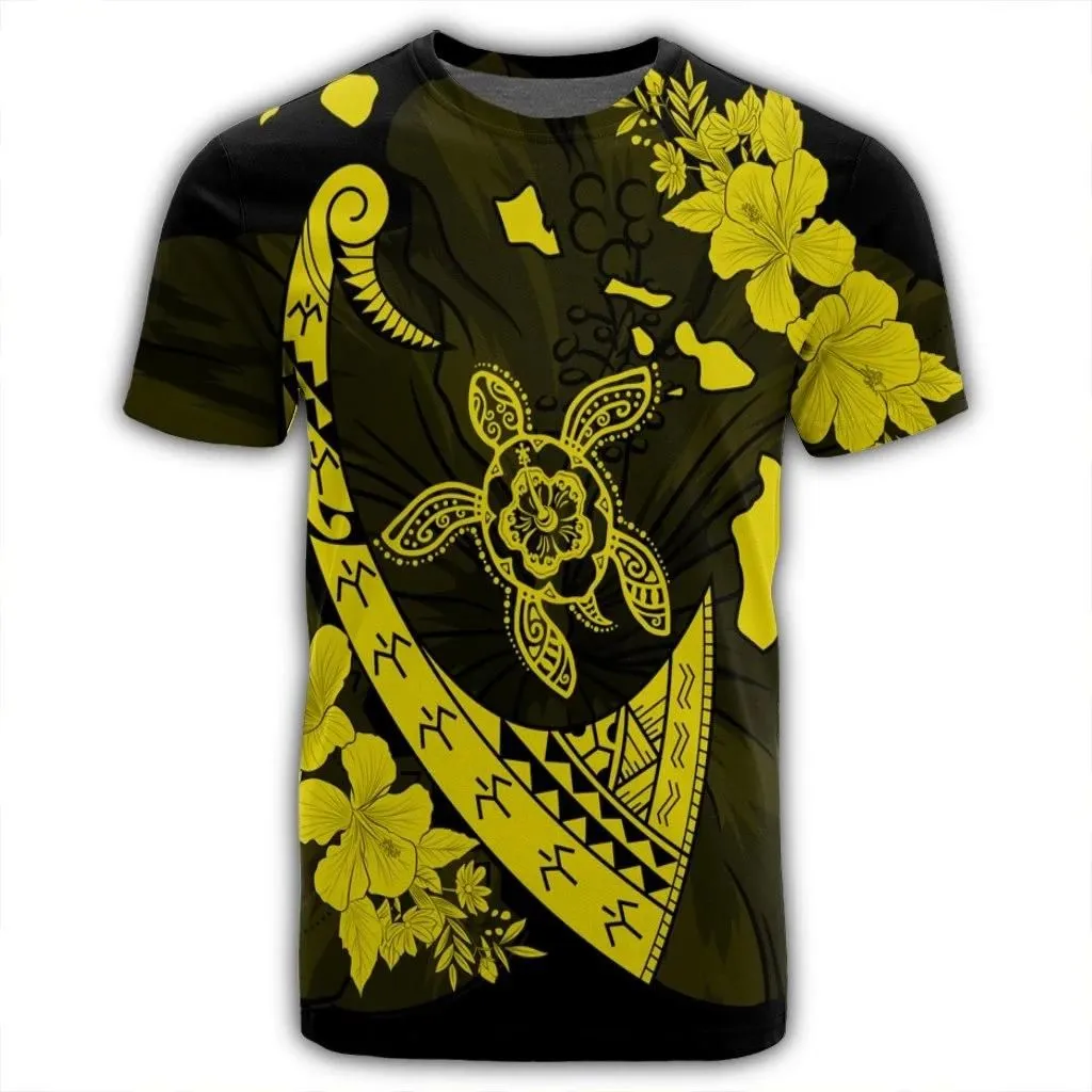 Alohawaii Tee - Hawaiian Map Hibiscus Turtle Fish Hook Polynesian T-Shirt Yellow - AH - J5R