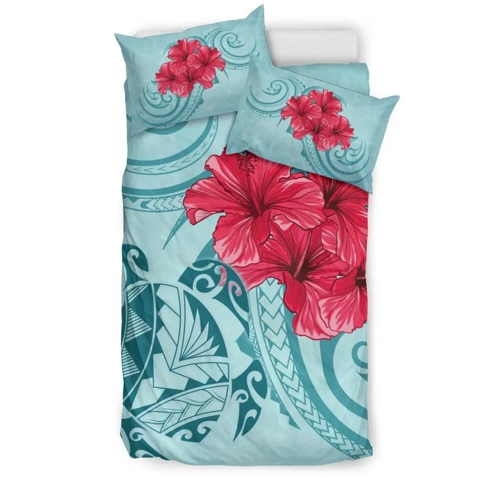 FamilyGater Home Set - Hawaii Polynesian Turtle Hibiscus Blue Bedding Set - Bless Style - AH - J4