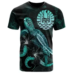 Tahiti Polynesian T shirt - Turtle With Blooming Hibiscus Turquoise