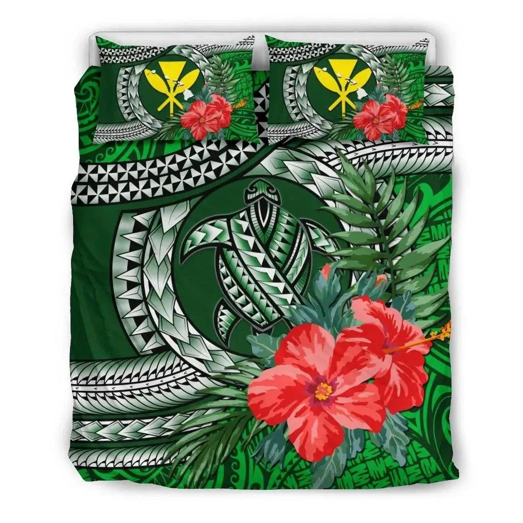 Kanaka Maoli (Hawaiian) Bedding Set - Polynesian Turtle Hibiscus Green A24