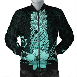 Hawaii Polynesian Pineapple Hibiscus Bomber Jacket - Turquoise