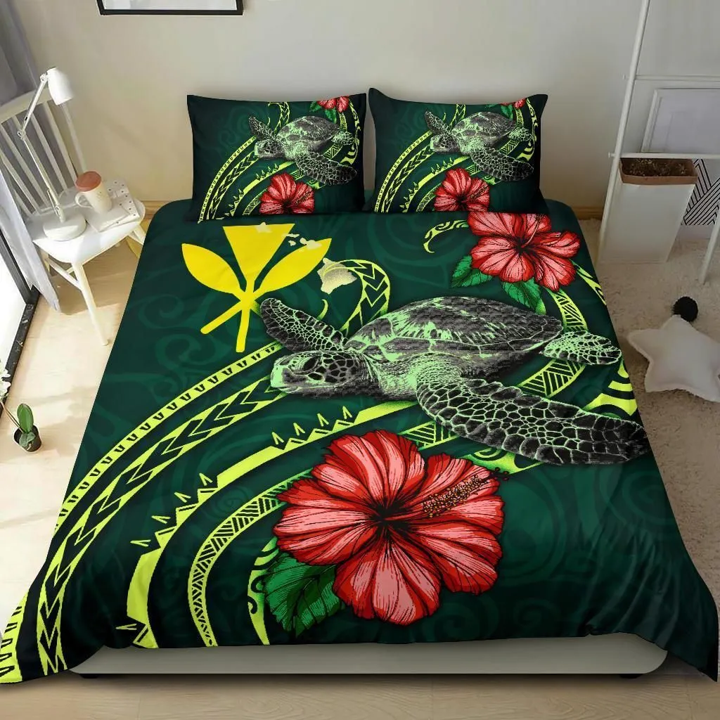 Polynesian Bedding Set - Hawaii Duvet Cover Set Green Turtle Hibiscus