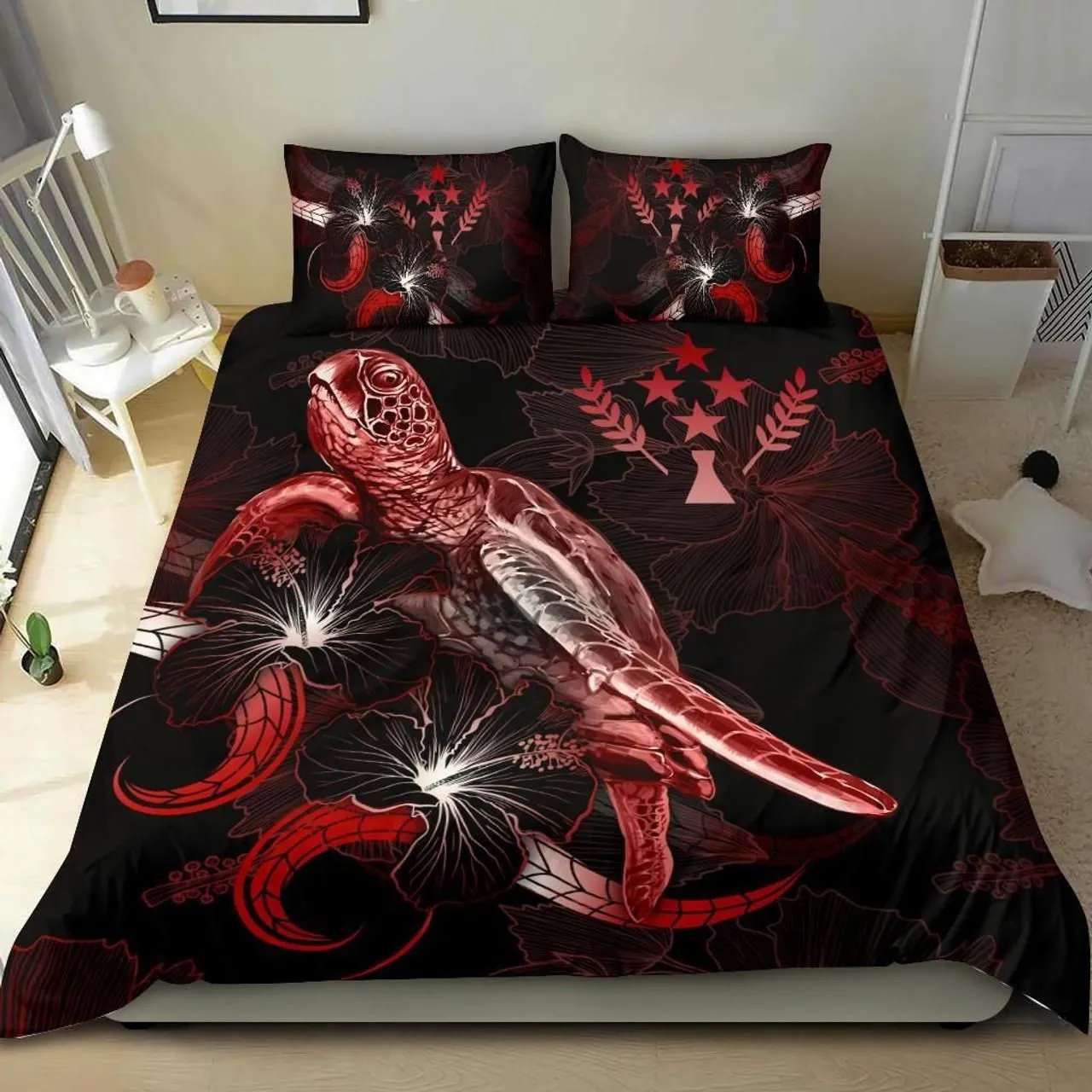 Kosrae Polynesian Bedding Set - Turtle With Blooming Hibiscus Red