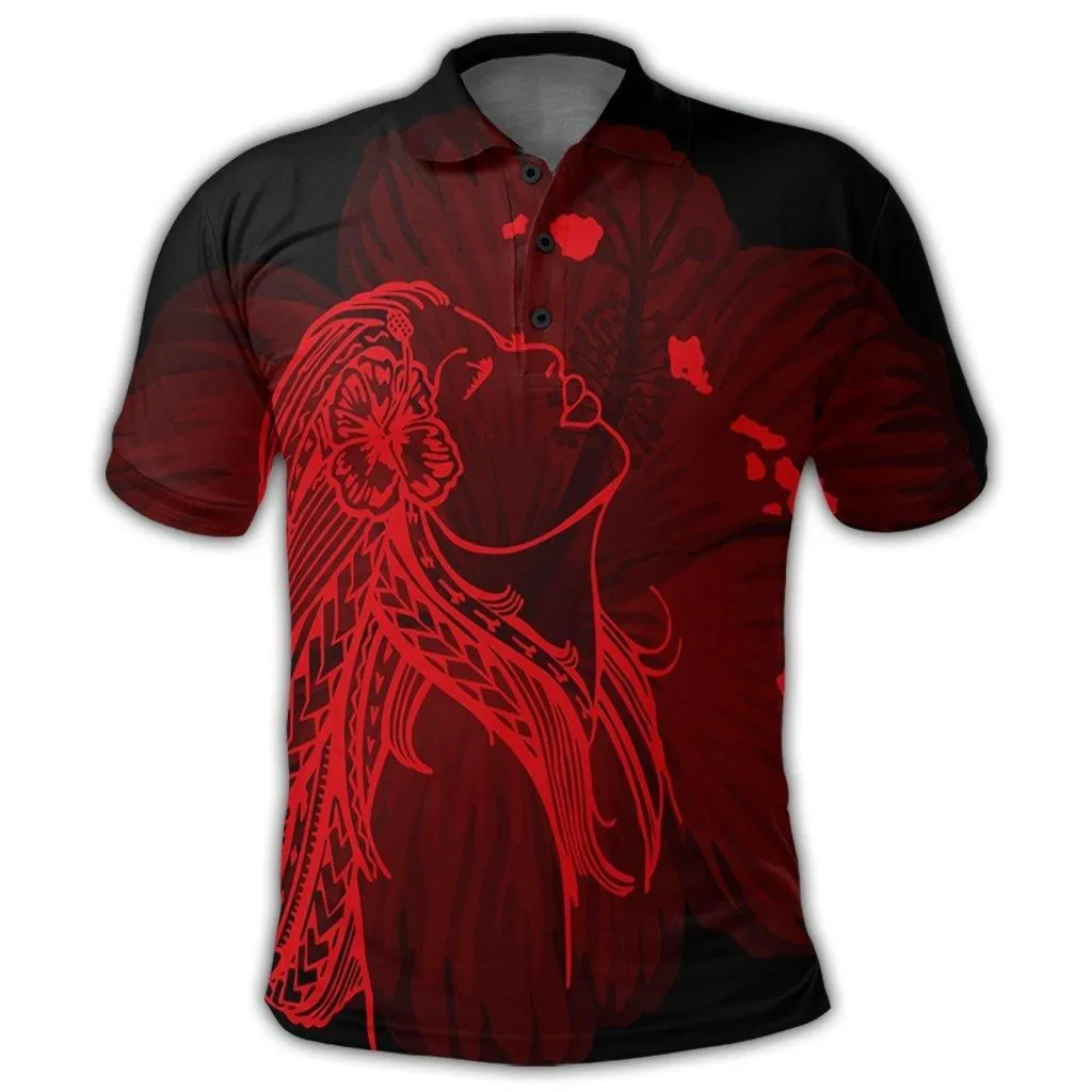 Hawaiian Map Heart Hula Girl Hibiscus Red Polynesian Polo Shirt - AH