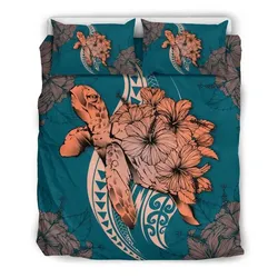 Alohawaii Home Set - Hawaii Polynesian Turtle Hibiscus Bedding Set - Orange - AH - J4
