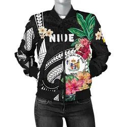 Niue Women's Bomber Jacket Coat Of Arms Polynesian With Hibiscus TH5