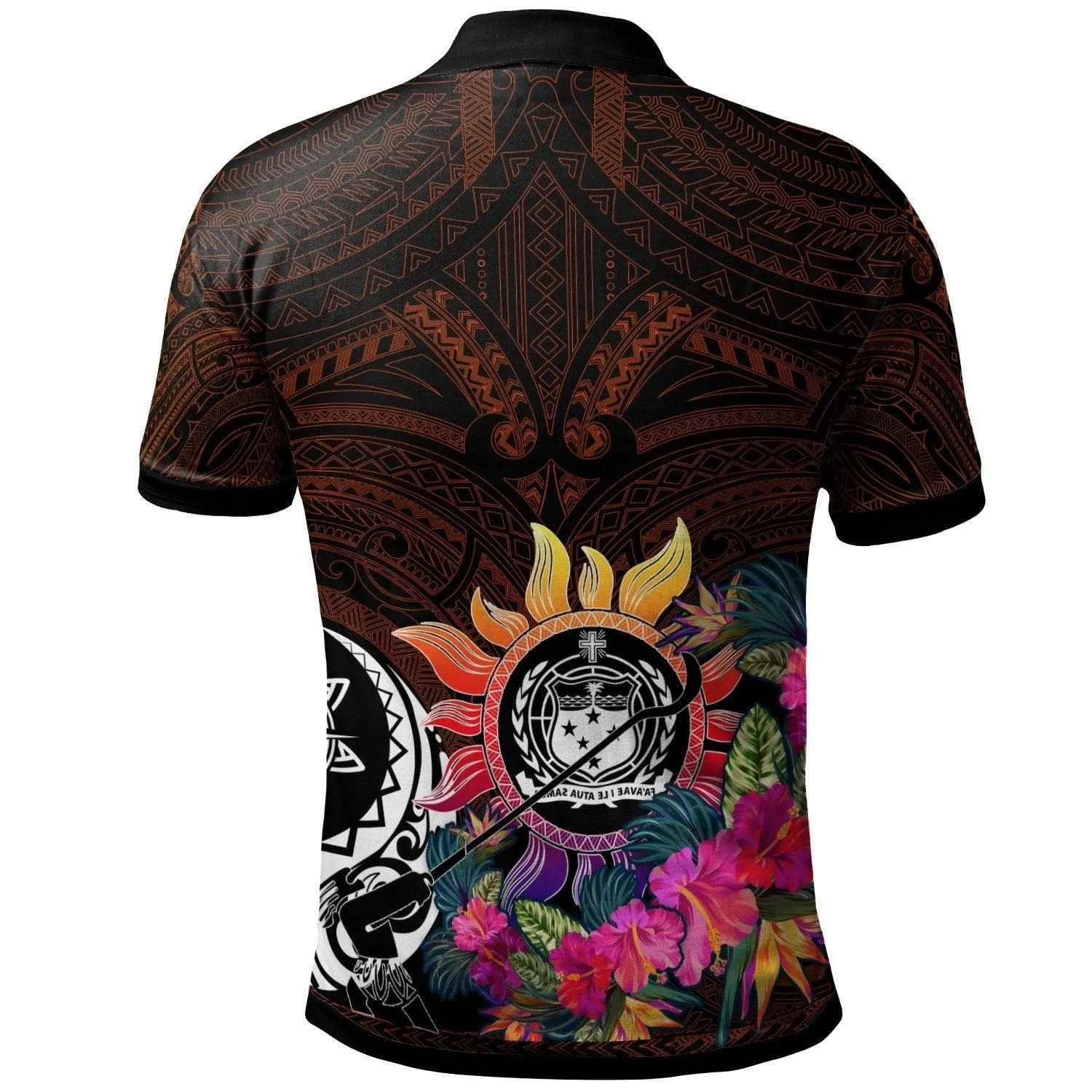 Custom Personalised Polynesian Polo Shirts - Samoa Coat Of Arm with Flowers & Polynesian Patterns