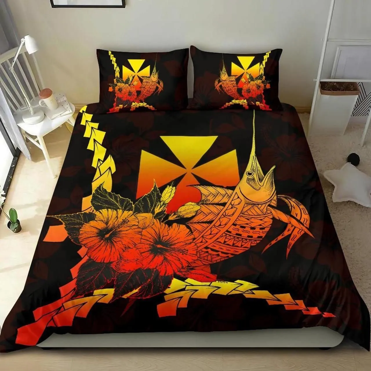 Wallis And Futuna Polynesian Bedding Set - Swordfish With Hibiscus